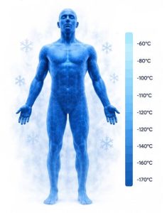 Eine in Blautönen gehaltene, ganzkörperliche menschliche Figur steht mit an den Seiten angelegten Armen, umgeben von Schneeflocken, neben einer vertikalen Temperaturskala von -60°C bis -170°C.