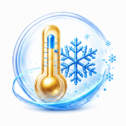 Ein goldenes Thermometer in einer durchsichtigen Glaskugel mit blauen Schneeflocken, das Kühlung oder Winter symbolisiert.