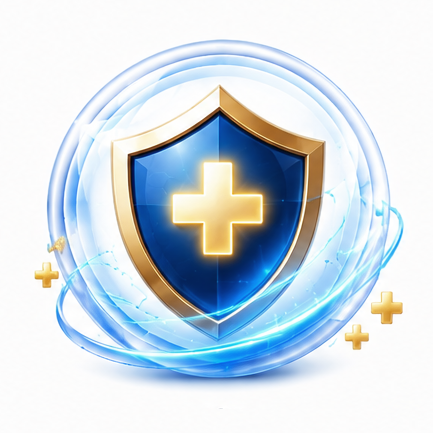 Blauer Schild mit goldenem Rand und weißem Kreuz, umgeben von leuchtend blauen Ringen als Symbol für Gesundheitsschutz und Sicherheit.