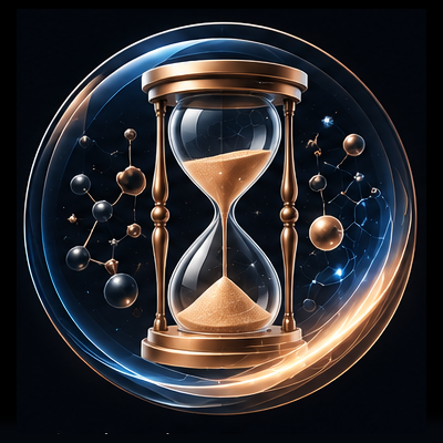 Eine bronzene Sanduhr, eingeschlossen in einer leuchtenden Kugel, umgeben von Molekülmodellen – Symbole für Zeit und Wissenschaft.