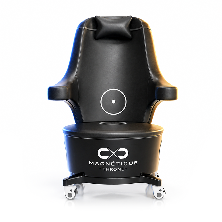 Black executive throne chair on caster wheels with a small headrest pillow and CXD Magnétique-Throne branding on the base panel, set against a white background.