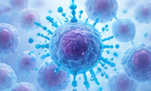 3D-gerendertes Bild von blauen und violetten Viruspartikeln mit stachelartigen Oberflächen, die vor einem hellblauen Hintergrund schweben.