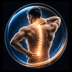 Vista posteriore di un uomo muscoloso con la colonna vertebrale luminosa di colore arancione, evidenziata all'interno di un'aura circolare blu, a sottolineare la salute della colonna vertebrale.