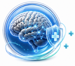 Illustrazione di un cervello racchiuso in un alone blu con uno scudo e una croce medica, a simboleggiare la salute e la protezione del cervello.