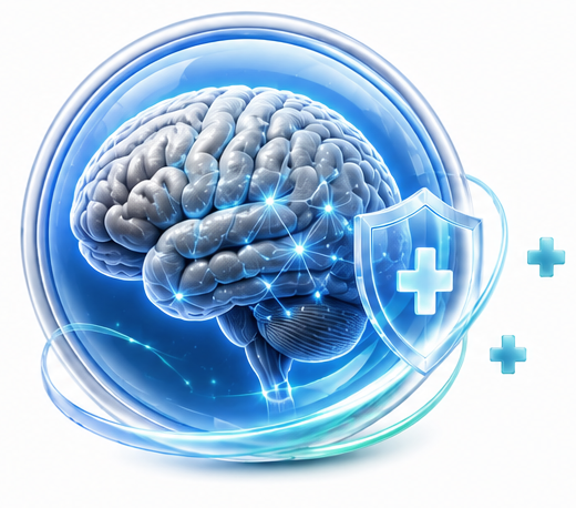 Illustration eines Gehirns in einem blauen Heiligenschein mit Schild und medizinischem Kreuz, die die Gesundheit und den Schutz des Gehirns symbolisieren.