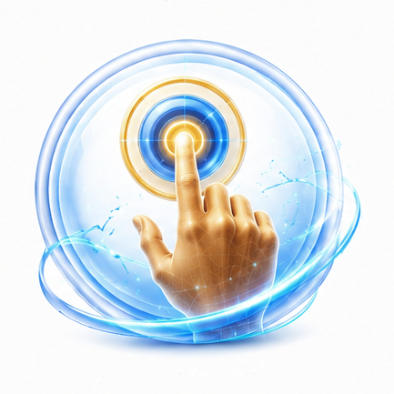 Der Finger einer Person drückt einen leuchtenden runden Knopf in einer blauen, futuristischen Benutzeroberfläche (Berührungsaktivierung).
