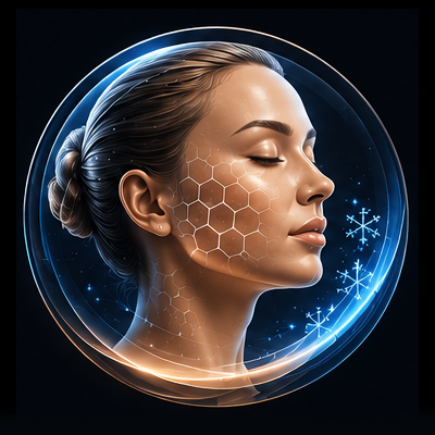 Porträt einer Frau mit einem sechseckigen Hautmuster in einer leuchtenden Glaskugel, das futuristische Hautpflegetechnologie symbolisiert.