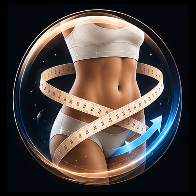 Die Körpermitte wird mit einem Maßband in einer leuchtenden Kugel um die Taille gemessen, was auf Fitness oder Körperformung hindeutet.