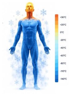 Eine menschliche Ganzkörperfigur in einem blau-orangen Farbverlauf, umgeben von Schneeflocken, mit einer vertikalen Celsius-Temperaturskala (-140°C bis +36°C) auf der rechten Seite.