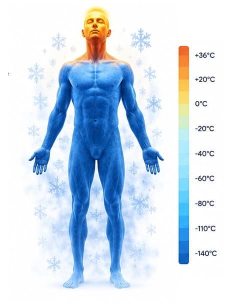 Figură umană cu întregul corp, în gradient de albastru spre portocaliu, înconjurată de fulgi de zăpadă, cu o scală verticală de temperatură Celsius (-140°C până la +36°C) în dreapta.