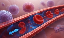 Querschnitt einer Arterie, der die Verengung des Gefäßes durch Plaqueablagerungen zeigt, mit fließenden roten Blutkörperchen und umgebendem Gewebe.
