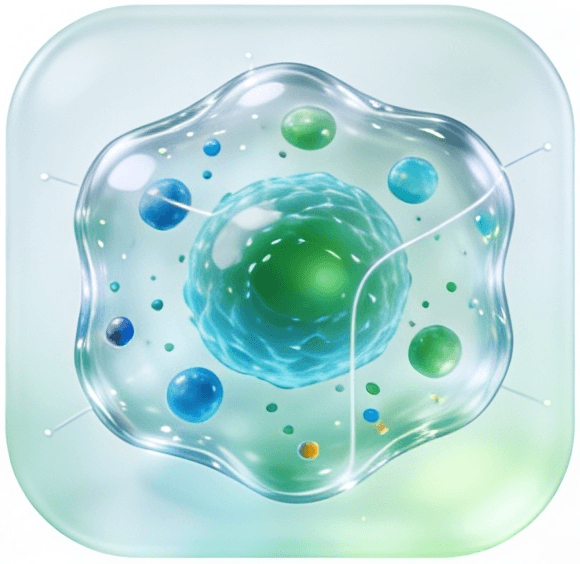 3D-Illustration einer Zelle mit einem grünen Zellkern innerhalb einer durchscheinenden Membran, umgeben von blauen und grünen Organellen.