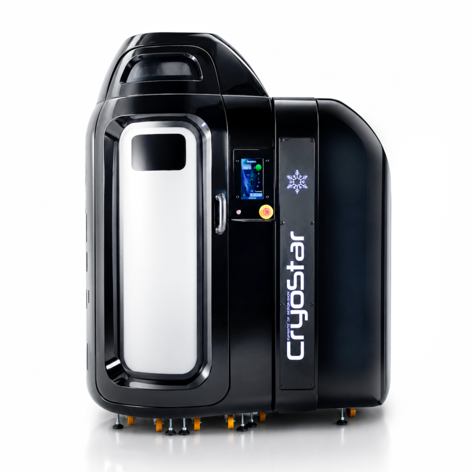 Unità di raffreddamento industriale CryoStar con sportello frontale bianco e pannello di controllo touchscreen su corpo nero lucido.