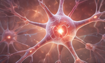Illustration eines Neurons mit verzweigten Dendriten und leuchtenden Synapsen in warmen Orangetönen.