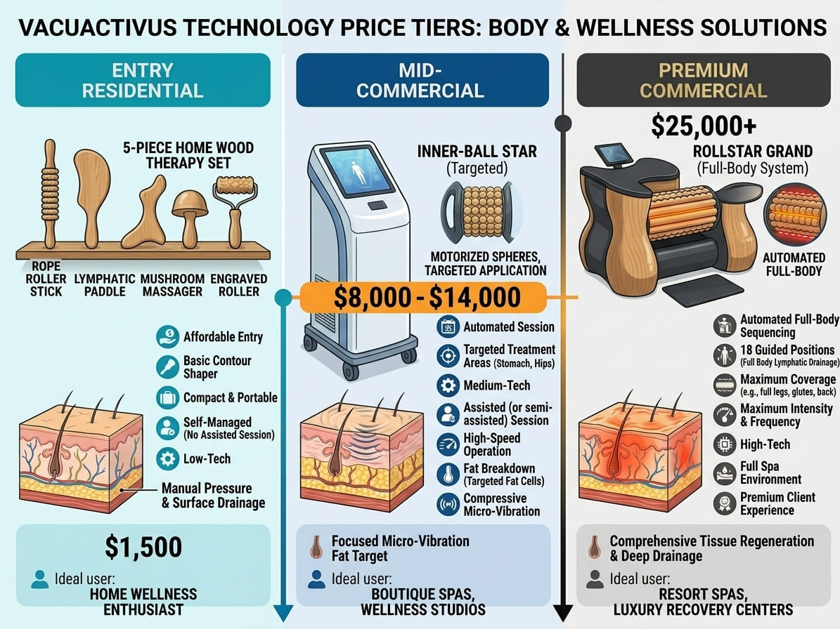 Price tiers chart: entry residential from around ,500 to mid-commercial ,000-,000 (Studio Figura Roll Shaper US listing band; Body Roll Studio ,000 buy or 0 monthly lease) to premium commercial ,000+ with full feature set, with tier markers - VACUACTIVUS cryotherapy chambers and weight loss machines Body Roll Machine for Sale: Commercial Buyer’s Guide for Spas| image_3