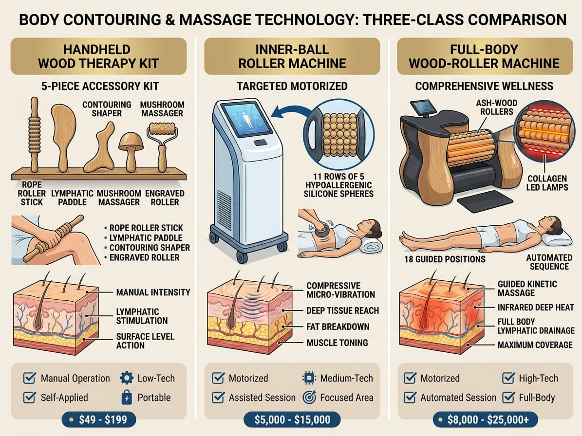Three-class comparison graphic side by side: Handheld wood kit - (Komogir/Krisler/SereneLife carved wooden sticks and cups) / Inner-ball machine (silicone ball, suction and micro-vibration, Osano/RejuvaFresh/SureBeauty) / Full-body wood-roller machine ,000-,000 (barrel of ash-wood rollers, guided positions, Studio Figura/Body Roll Studio/RollStar/RollShape) - VACUACTIVUS cryotherapy chambers and weight loss machines Body Roll Machine for Sale: Commercial Buyer’s Guide for Spas| image_2