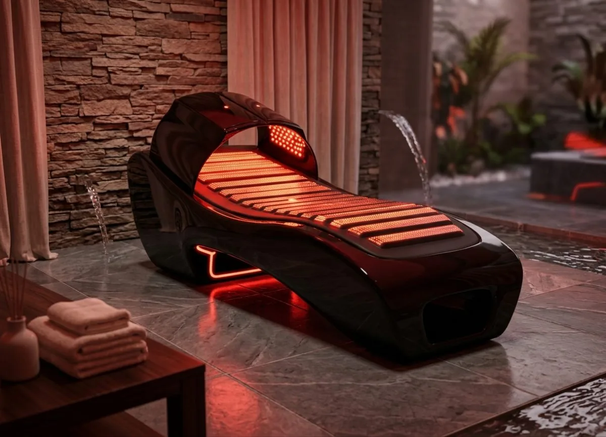 Pat comercial cu lumină roșie într-un cadru spa cu baldachin deschis, LED-uri roșii strălucitoare de la emițătoare cu lungime de undă dublă de 620-900nm, siluetă de pat de bronzat fără UV - camere de crioterapie și aparate de slăbit VACUACTIVUS Terapie cu pat cu lumină roșie: Paturi comerciale de bronzare pentru spa-uri | imagine_1