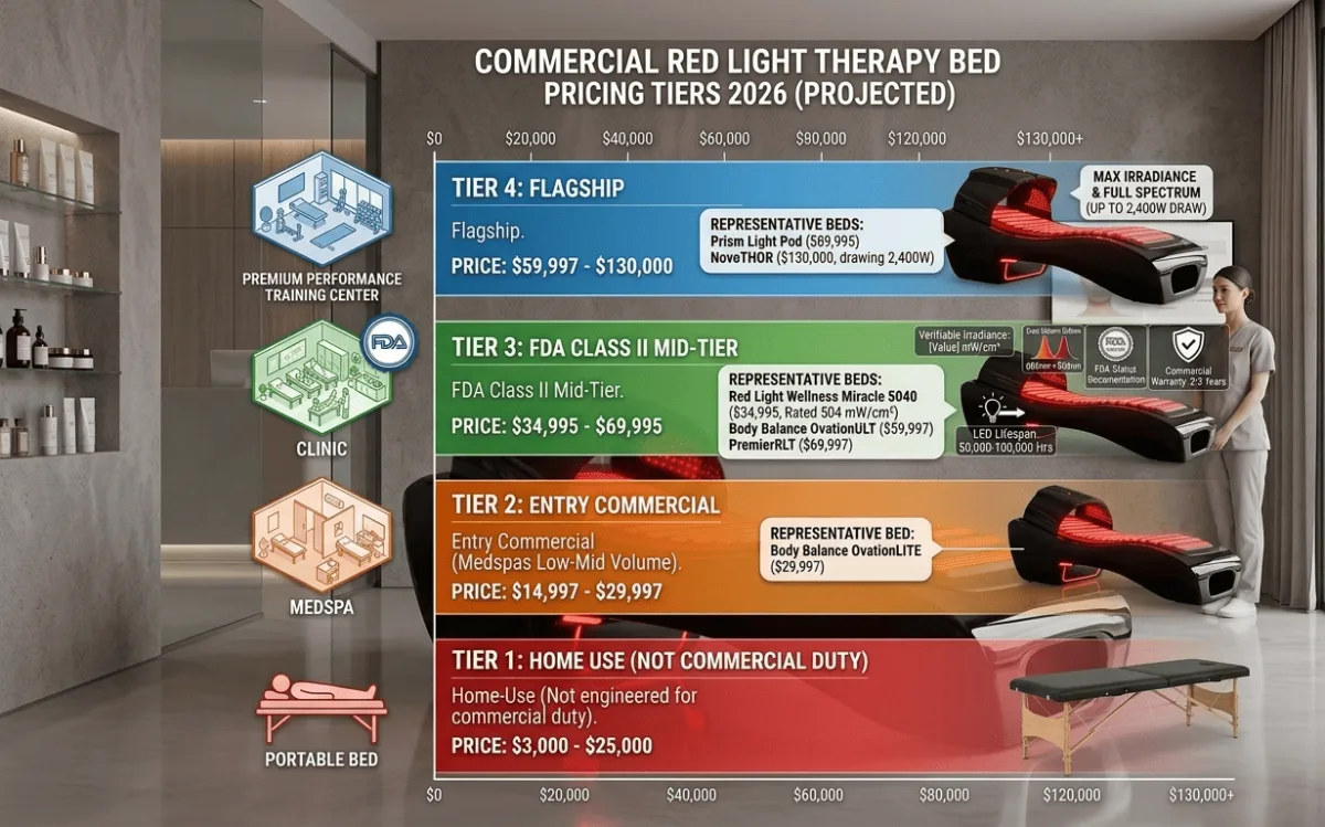 Commercial red light therapy bed pricing tiers 2026 chart: tier bars showing home-use beds ,000-,000 (NOT engineered for commercial duty), Entry Commercial ,997-,997 (medspas low-mid volume, Body Balance OvationLITE ,997), FDA Class II mid-tier ,995-,995 (Red Light Wellness Miracle 5040 ,995 rated 504 mW/cm2, Body Balance OvationULT ,997, PremierRLT ,997), Flagship ,997-0,000 (Prism Light Pod ,995, NovoTHOR 0,000 drawing 2,400W) - VACUACTIVUS cryotherapy chambers and weight loss machines Red Light Therapy Equipment for Sale: Commercial Buying Checklist| image_2