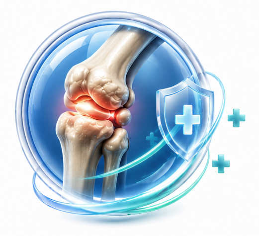 Illustration eines Kniegelenks mit hervorgehobenem entzündetem Bereich und einem Schutzschild, der die Gesundheit und den Schutz des Gelenks symbolisiert, eingebettet in ein blaues Kreisdesign.