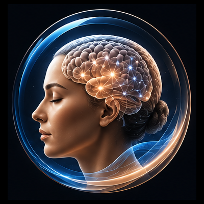 Profil eines Frauenkopfes mit einem leuchtenden neuronalen Netzwerk in einer durchscheinenden kreisförmigen Kugel um ihr Gehirn