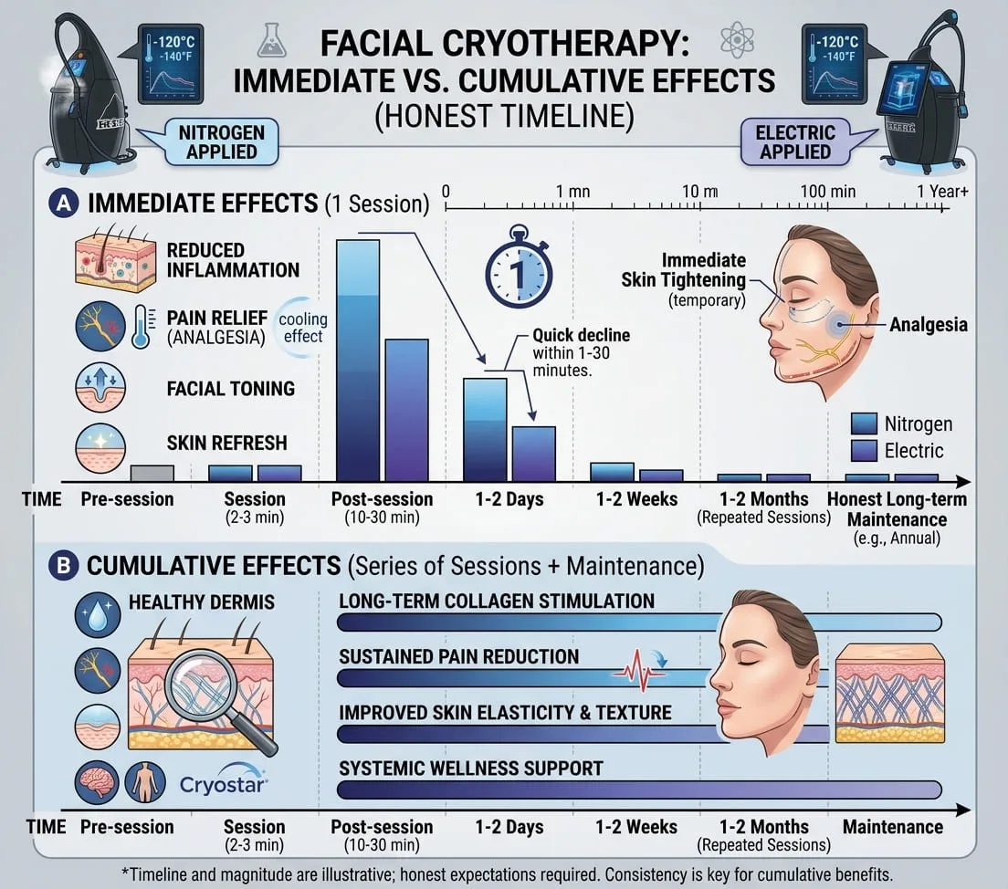 Effetti immediati e cumulativi della crioterapia facciale: rassodamento temporaneo e risposta antinfiammatoria fin dalla prima seduta, moderato supporto alla produzione di collagene e tono della pelle duraturo dopo 5-10 sedute distribuite su diverse settimane - Camere di crioterapia VACUACTIVUS e apparecchi per la perdita di peso Crioterapia facciale: come il freddo stimola la produzione di collagene e riduce l'infiammazione. | immagine_2