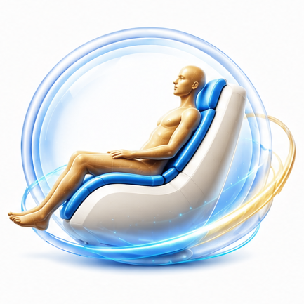Futuristischer Massagesessel mit einer sitzenden Schaufensterpuppe, umgeben von blauen kreisförmigen Energieringen.