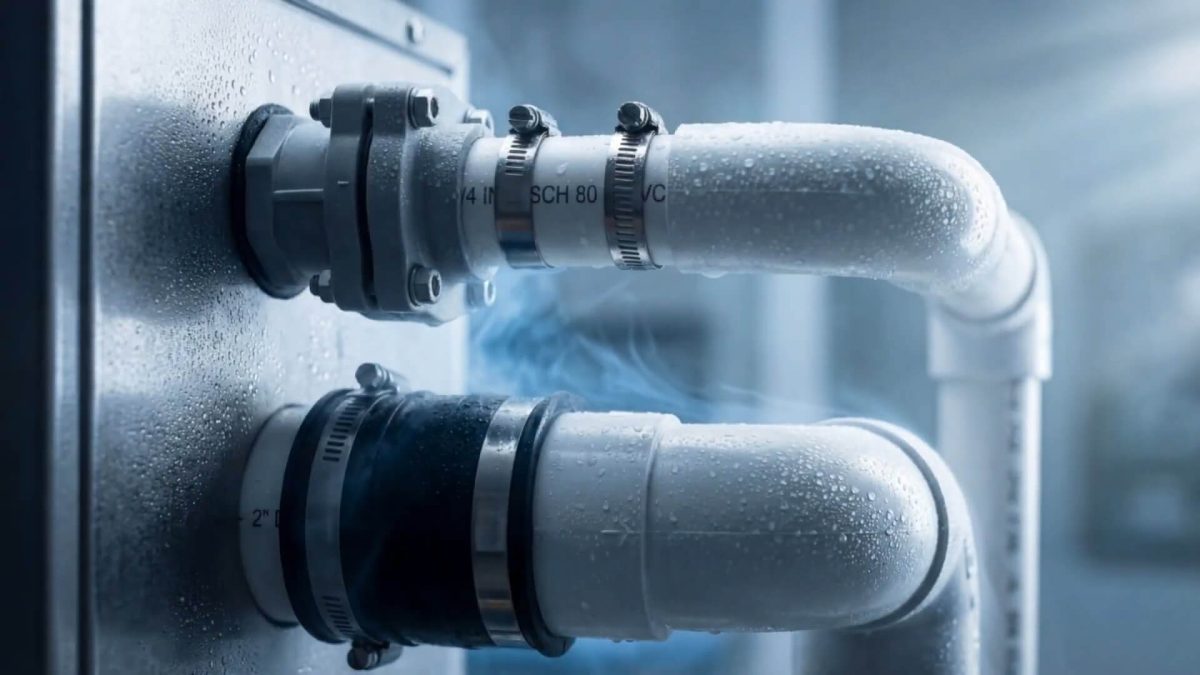 Nahaufnahme von frostbedeckten Metallrohren mit Klemmen in einer industriellen Umgebung, bläulich getönt.