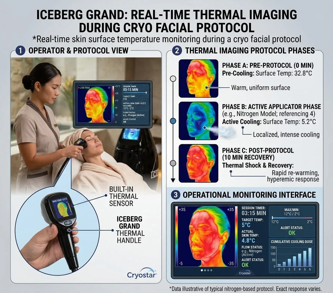 Impugnatura termografica Iceberg Grand: monitoraggio in tempo reale della temperatura cutanea durante un protocollo di crioterapia facciale, che consente all'estetista di modulare la distanza e la durata del passaggio per un'applicazione uniforme della crioterapia facciale senza rischio di congelamento - Camere di crioterapia VACUACTIVUS e macchine per la perdita di peso Crioterapia facciale: come il freddo stimola la produzione di collagene e riduce l'infiammazione. | immagine_3