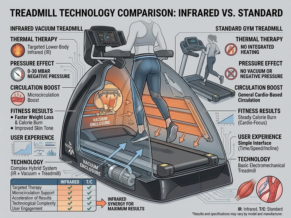 Tabella comparativa tra tapis roulant a infrarossi e tapis roulant standard: confronto diretto in base a erogazione di calore, risposta della temperatura corporea, volume di sudorazione, carico articolare, tolleranza alla durata della sessione, ingombro, fascia di prezzo e casi d'uso tipici - le differenze pratiche che determinano quale si adatta a uno specifico obiettivo di fitness o riabilitazione - Camere di crioterapia VACUACTIVUS e macchine per la perdita di peso Tapis roulant a infrarossi: come calore e attività cardio accelerano la perdita di peso | immagine_3