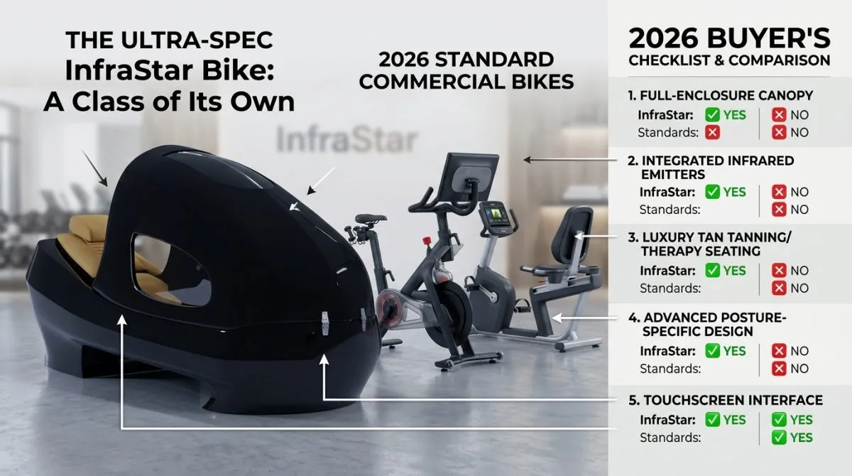 Bicicletă de interior cu vid cu infraroșu InfraStar Bike, alături de bicicletele de fitness comerciale standard, pentru lista de verificare a cumpărătorului din 2026: vedere de referință a proprietarului de studio care prezintă capsula de vid, modul de încălzire IR, consola VR de 10,1 inci și opțiunea modului rece Cronick pentru studiouri de modelare a corpului - camere de crioterapie și aparate de slăbit VACUACTIVUS Echipament de exerciții pentru biciclete de interior: Listă de verificare pentru cumpărători în 2026 Studios | imagine_1