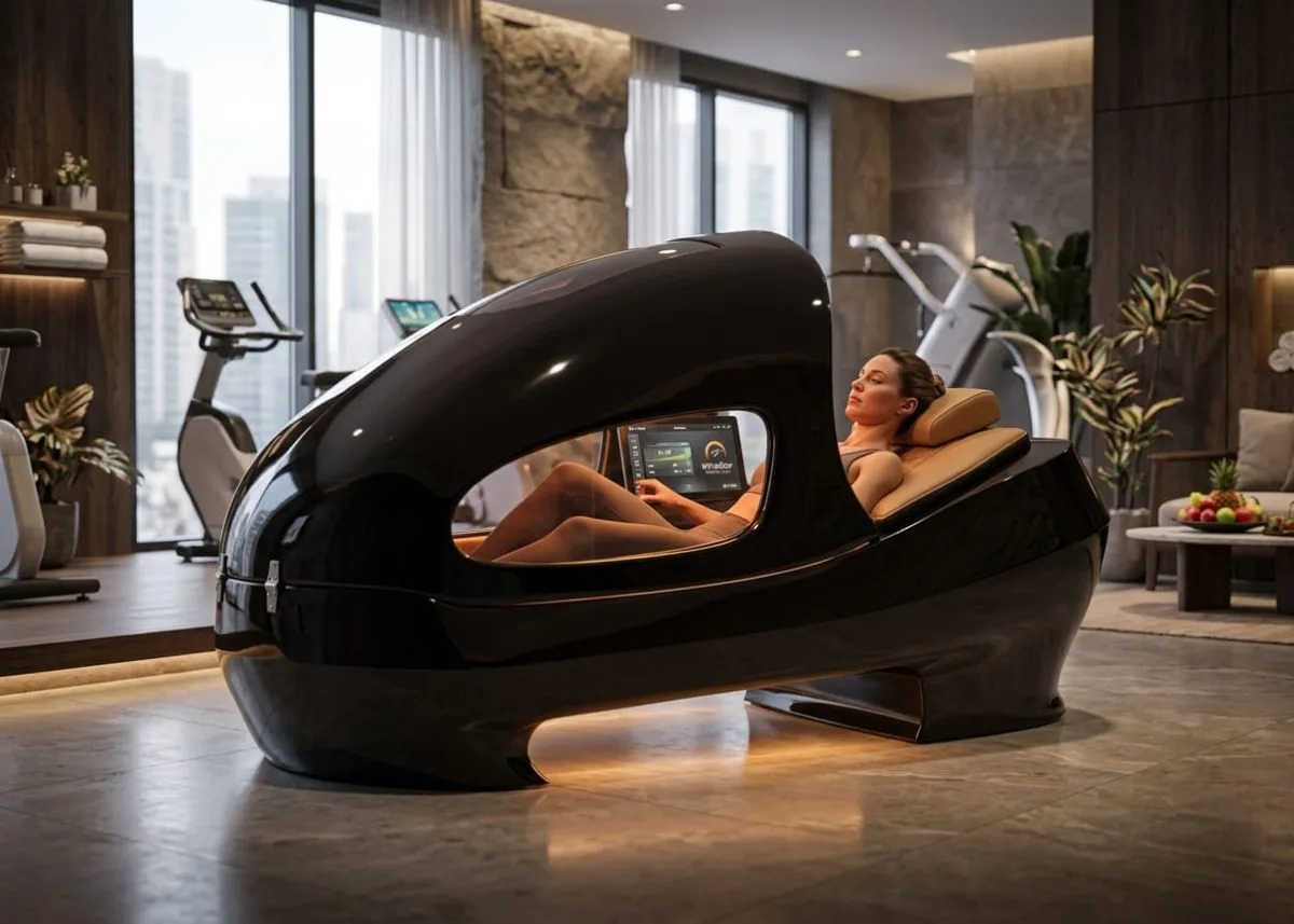 Bicicletă Vacuactivus InfraStar într-un studio de wellness: client în poziție semi-înclinată în interiorul capsulei sigilate, partea inferioară a corpului închisă pentru rezistență la vid și infraroșu, interfață tactilă de 10 inci vizibilă - camere de crioterapie și aparate de slăbit VACUACTIVUS Recenzie InfraStar Bike: Tehnologia de ciclism cu vid infraroșu Vacuactivus | imagine_1