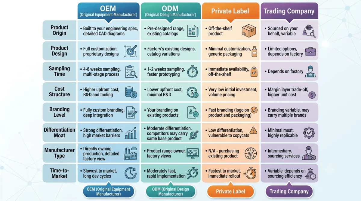 Matrice comparativă de aprovizionare pentru companii comerciale OEM ODM cu marcă privată: diagramă comparativă cu patru coloane care prezintă OEM (fabrică construită conform specificațiilor dumneavoastră tehnice, eșantionare în 4-8 săptămâni, cost inițial mai mare, avantaj de diferențiere) versus ODM (gamă pre-proiectată din fabrică cu branding-ul dumneavoastră, eșantionare în 1-2 săptămâni, cost inițial mai mic, concurenții pot comercializa același produs) versus marcă privată (logo pe produsul standard, cel mai rapid pe piață) versus companie comercială (aprovizionează în numele dumneavoastră fără a deține producția, compromis al stratului de marjă) - camere de crioterapie și aparate de slăbit VACUACTIVUS Echipamente de fitness pentru sală de acasă: Aprovizionare OEM și cu amănuntul pentru branduri | imagine_2