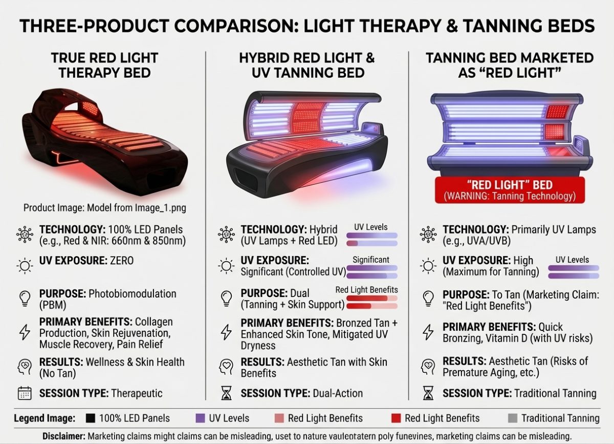 Vergleichsgrafik dreier Produkte nebeneinander: Echtes RLT-Solarien (620–900 nm, kein UV-Licht, keine Bräunung) / Hybrid-Solarien (UV-Lampen + rote LEDs, Bräunung) / Solarium, das als Rotlicht-Solarien vermarktet wird (Lampen leuchten nur rot) – VACUACTIVUS Kryotherapiekammern und Geräte zur Gewichtsreduktion Rotlichttherapie: Gewerbliche Solarien für Spas | Bild_2