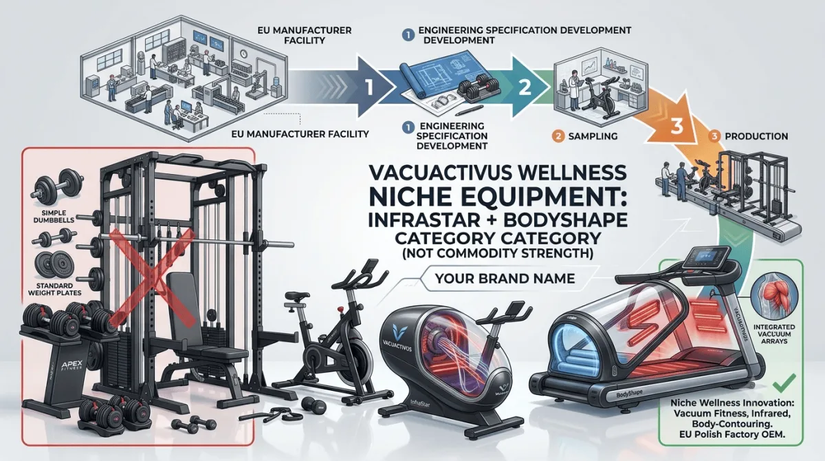 Fotografie de produs pentru bicicleta cu infraroșu cu vid Vacuactivus InfraStar plus echipament BodyShape care prezintă categoria de nișă wellness (fitness cu vid plus infraroșu plus integrare de exerciții de conturare corporală) pe care Vacuactivus o produce prin intermediul programelor OEM din fabricile poloneze din UE, distinctă de echipamentele de forță de bază (gantere, discuri de greutăți, haltere, suporturi de forță, benzi de alergare) pe care Vacuactivus nu le produce și pentru care mărcile care se aprovizionează în aceste categorii sunt mai bine deservite de fabricile asiatice specializate în forță sau cardio la volum mare - camere de crioterapie și aparate de slăbit VACUACTIVUS Echipamente de fitness pentru sală de acasă: Aprovizionare OEM și cu amănuntul pentru branduri | imagine_3