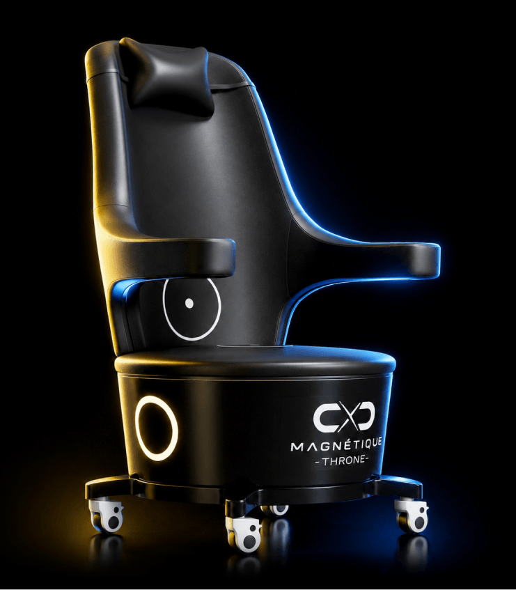 Black high-tech throne on a wheeled base with blue and yellow edge lighting and a curved backrest.