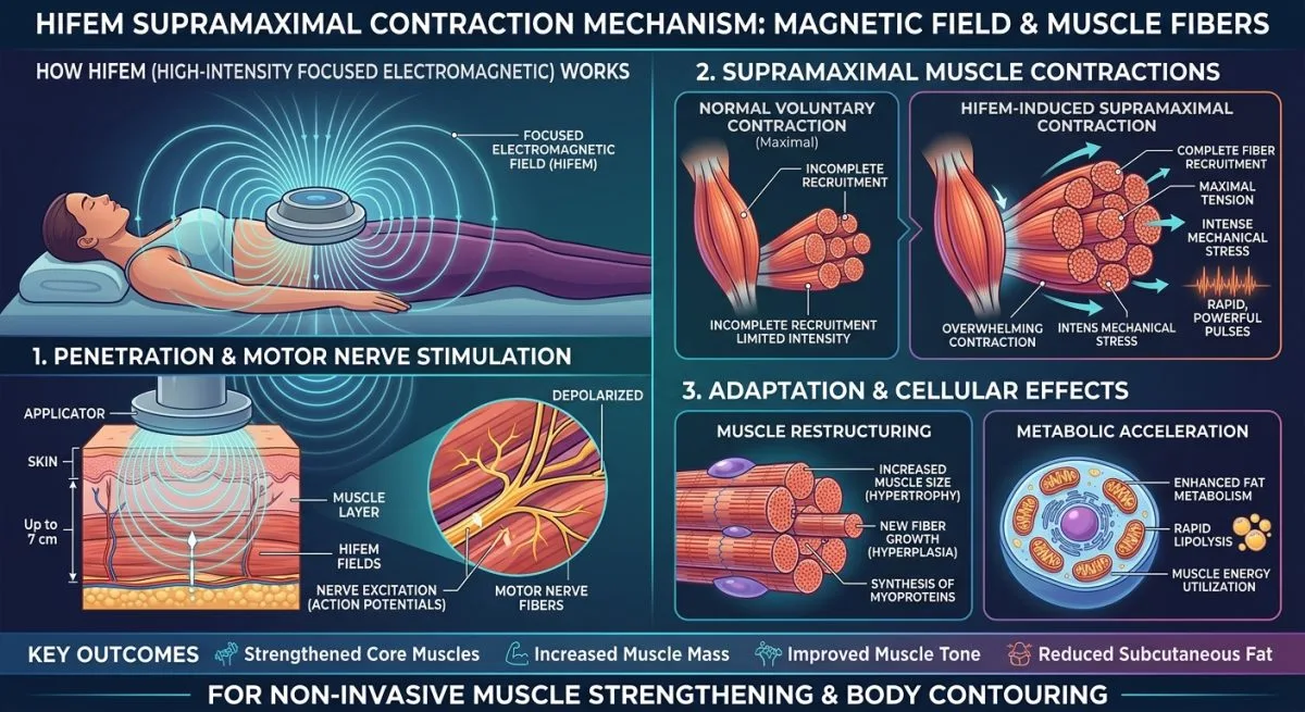 HIFEM supramaximal contraction mechanism diagram showing high-intensity focused electromagnetic field penetrating clothing and tissue to activate approximately 100 percent of muscle fibers in the target zone bypassing the protective inhibitory limit of the nervous system compared to 40 to 60 percent activation typical of voluntary muscle contraction or surface-electrode EMS - VACUACTIVUS cryotherapy chambers and weight loss machines What Is a HIFEM Chair? HIFEM vs EMS vs TENS Explained| image_2