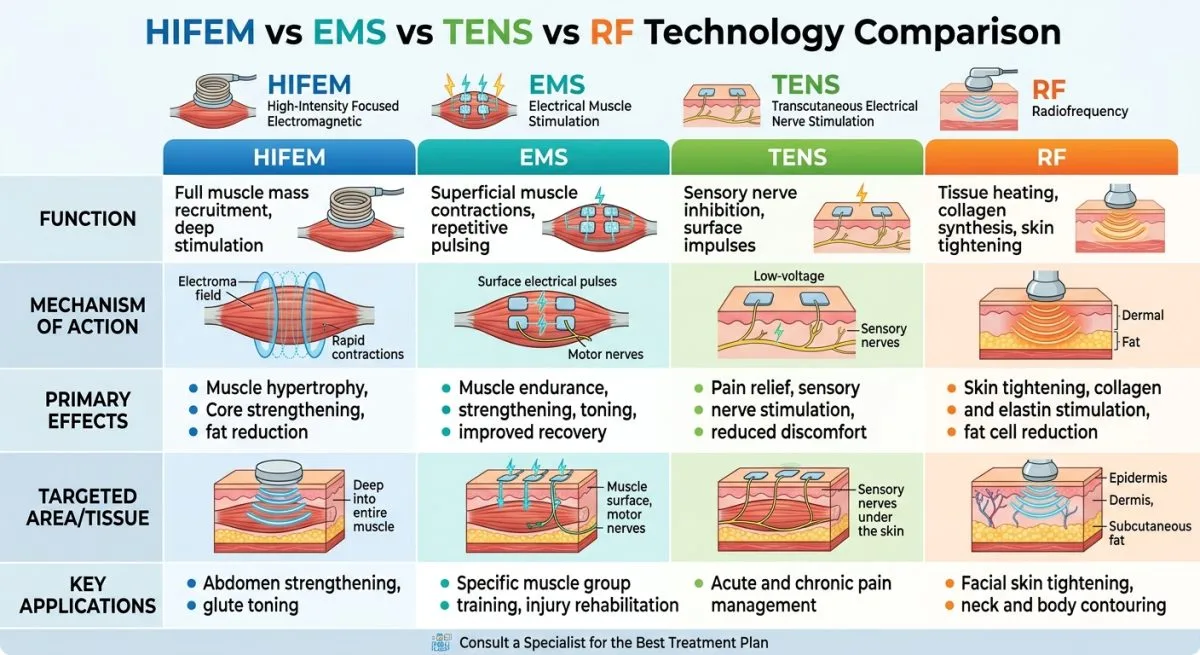 HIFEM vs EMS vs TENS vs RF technology comparison diagram showing HIFEM magnetic field delivery through clothing without electrodes supramaximal contraction versus EMS surface electrodes with current through motor neurons versus TENS surface pads for pain relief not muscle contraction versus radiofrequency RF for thermal skin tightening with fundamental delivery mechanism differences - VACUACTIVUS cryotherapy chambers and weight loss machines What Is a HIFEM Chair? HIFEM vs EMS vs TENS Explained| image_3