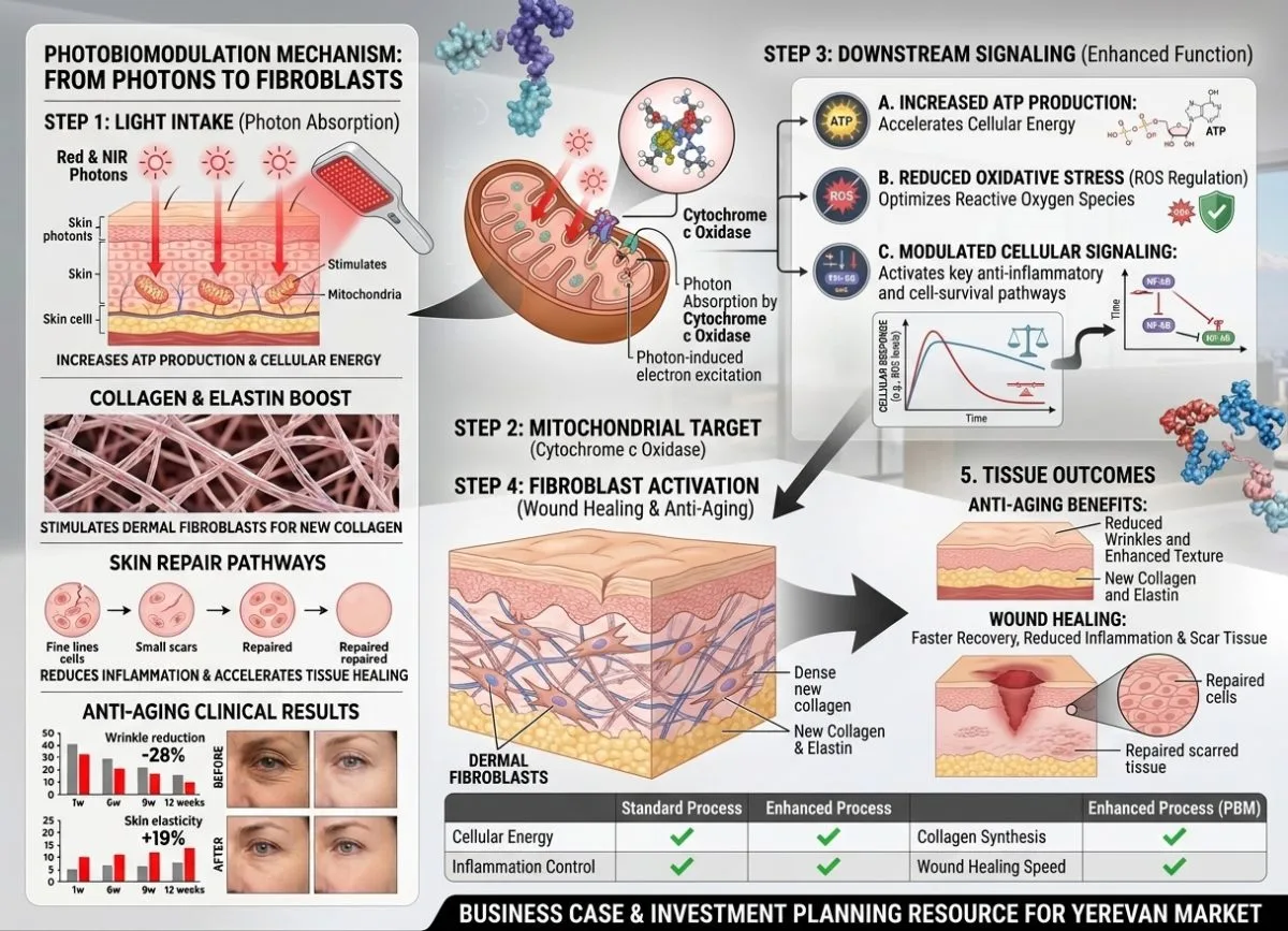 Diagrama mecanismului de fotobiomodulație care prezintă fotonii roșii și în infraroșu apropiat absorbiți de citocromul c oxidaza mitocondrială în fibroblastele dermice, conducând sinteza ATP și semnalizând producția de colagen și elastină pentru știința anti-îmbătrânire a pielii - camere de crioterapie și aparate de slăbit VACUACTIVUS Terapia cu lumină roșie pentru față: știința anti-îmbătrânire și repararea pielii | imagine_2