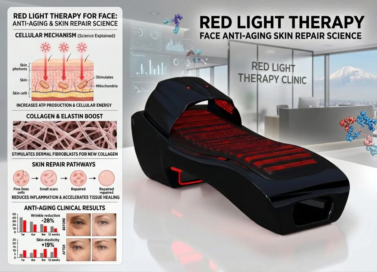 Terapia cu lumină roșie pentru anti-îmbătrânire facială și repararea pielii, eroul științific care prezintă livrarea lungimii de undă roșii de 630-660nm și infraroșu apropiat de 810-850nm prin intermediul unui panou profesional InfraCouch pentru tot corpul cu matrice LED pentru fotobiomodulare estetică și bunăstare - camere de crioterapie și aparate de slăbit VACUACTIVUS Terapia cu lumină roșie pentru față: știința anti-îmbătrânire și repararea pielii | imagine_1