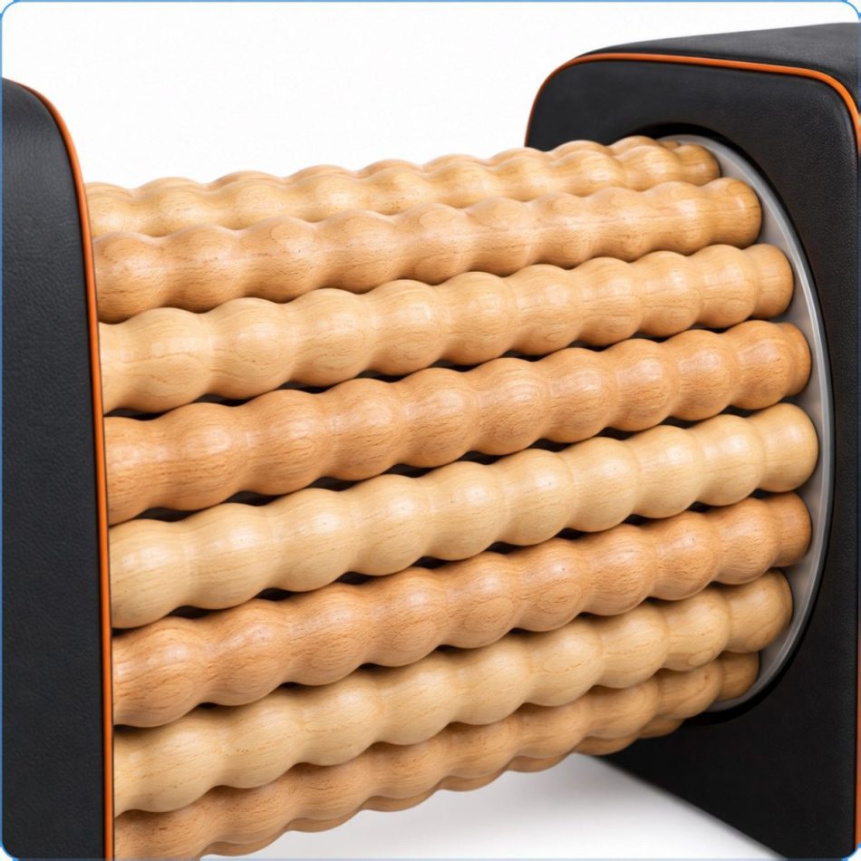 Close-up of a wooden roller massage device with multiple rounded beads inside a black frame, used for back or body massage.