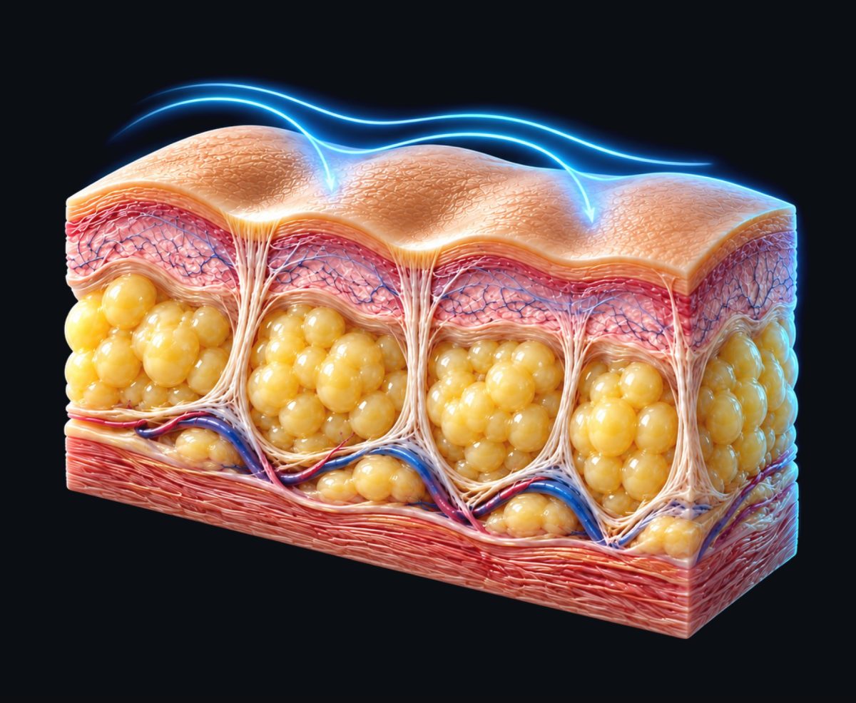 Cross‑section of human skin showing epidermis, dermis, and a thick subcutaneous fat layer with nerves and blood vessels