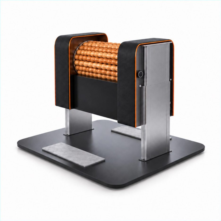 Industrial massage roller with orange bead cylinders between black side frames on a metal stand at a factory-like device