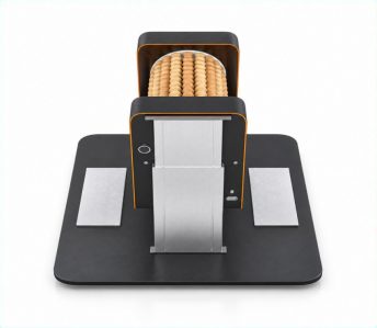 Modern foot massager with wooden bead rollers mounted on a dark base