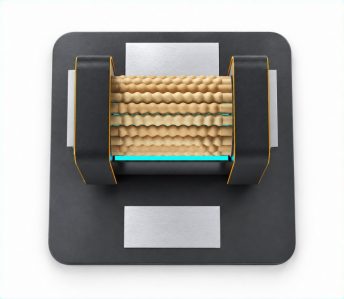 Close-up of a desktop mechanical counter with bead rods on a dark square base, used for counting or arithmetic.