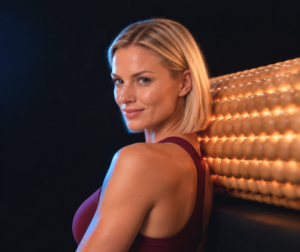 Portrait of a smiling blonde woman in a maroon sleeveless top, leaning against a row of warm-lit copper tubes in a dark studio.