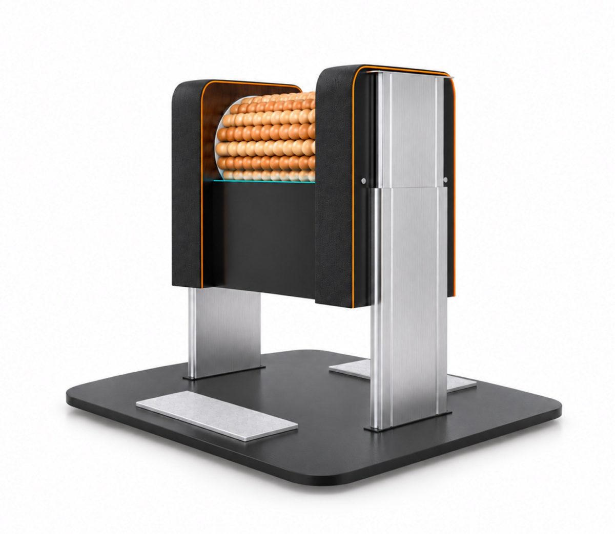 A modern roller counting device on a metal stand, with orange-bead drums inside a black frame with orange edges.