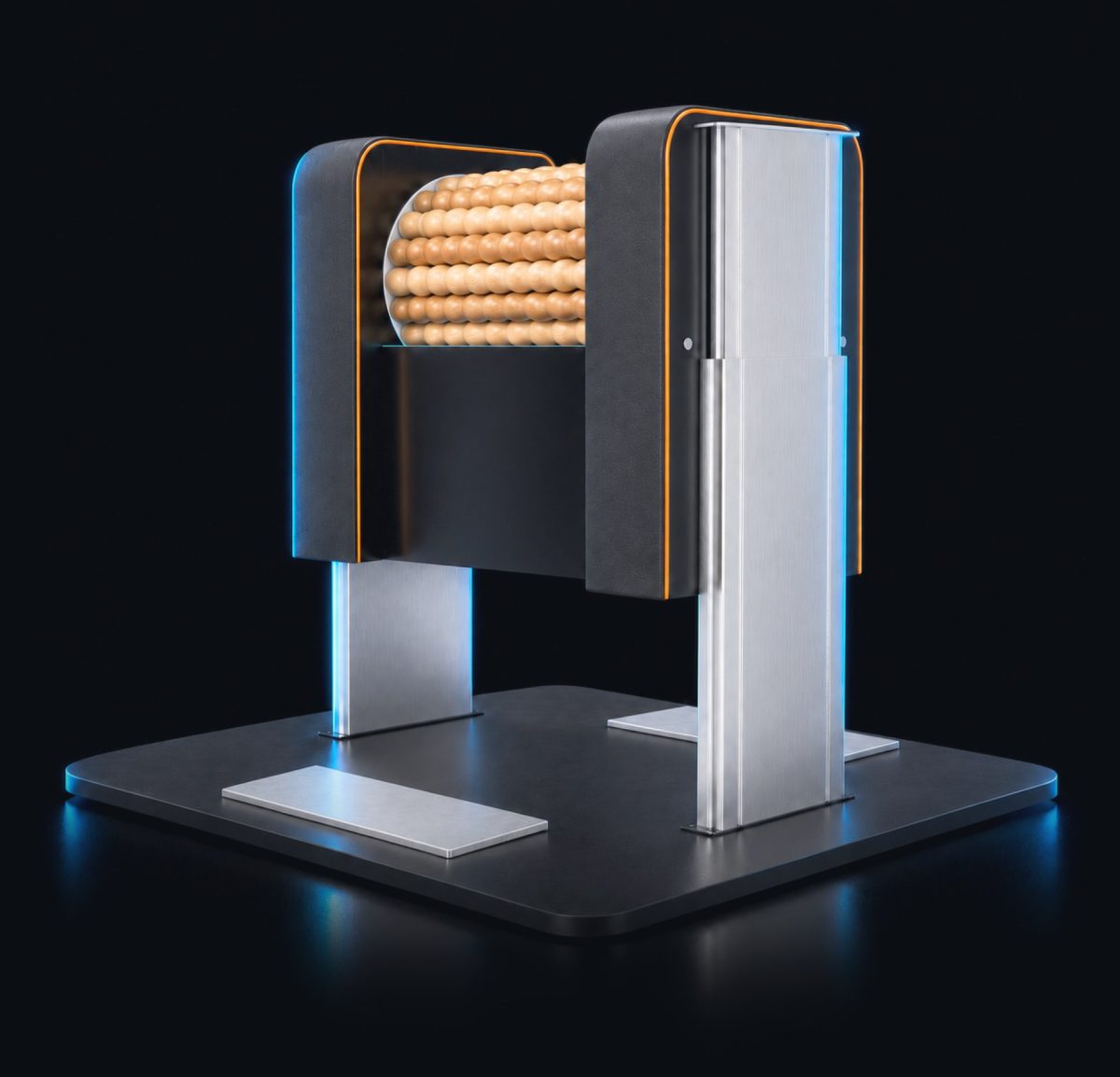 Futuristic benchtop machine with a roll of wooden beads passing through a dark housing, illuminated by blue edge lighting.