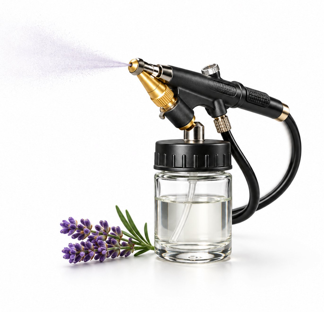 Classic glass perfume bottle with a gold-and-black pump, spraying mist, lavender sprigs beside it