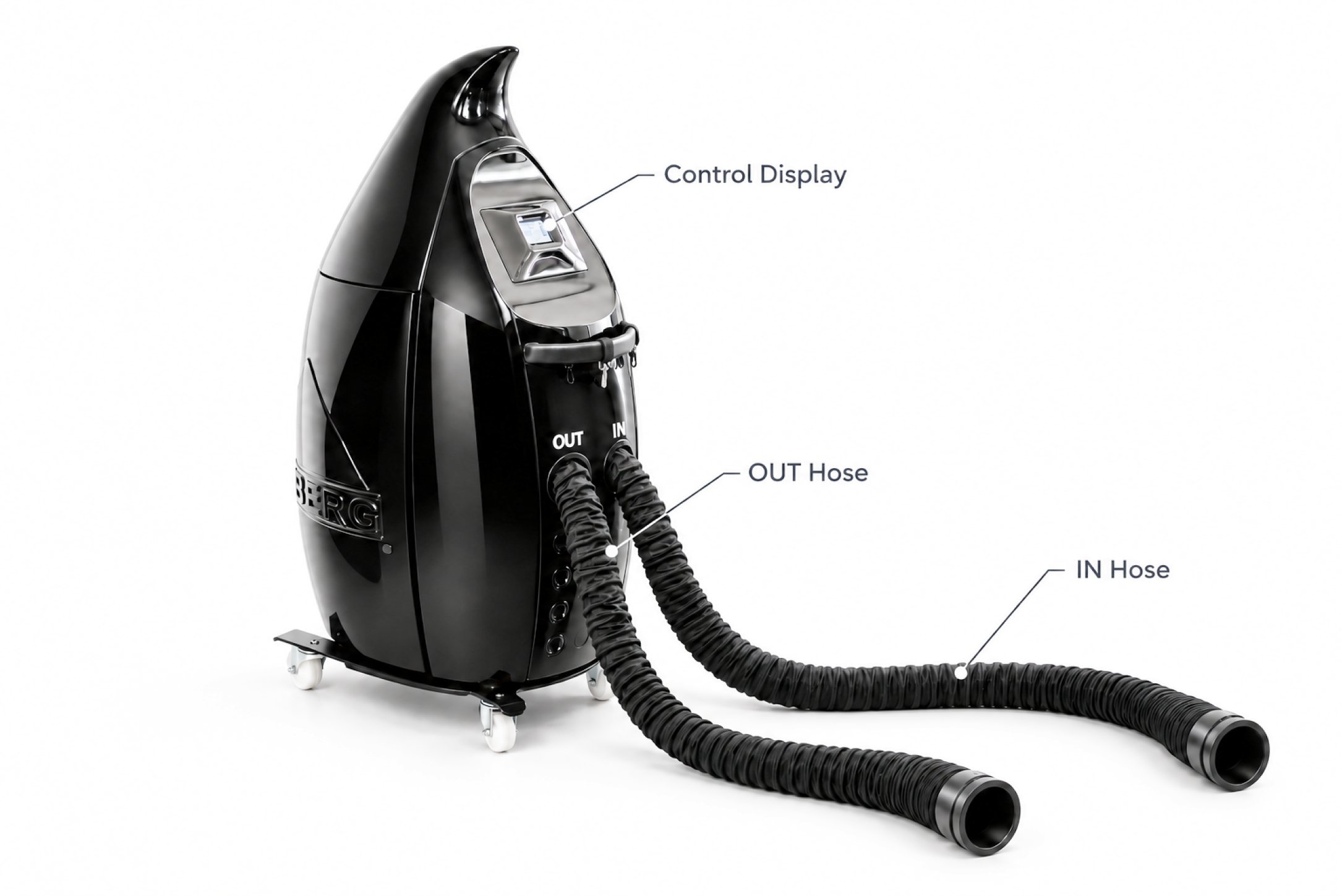 Black glossy medical device on wheels with a small control display and two large corrugated hoses labeled IN and OUT.