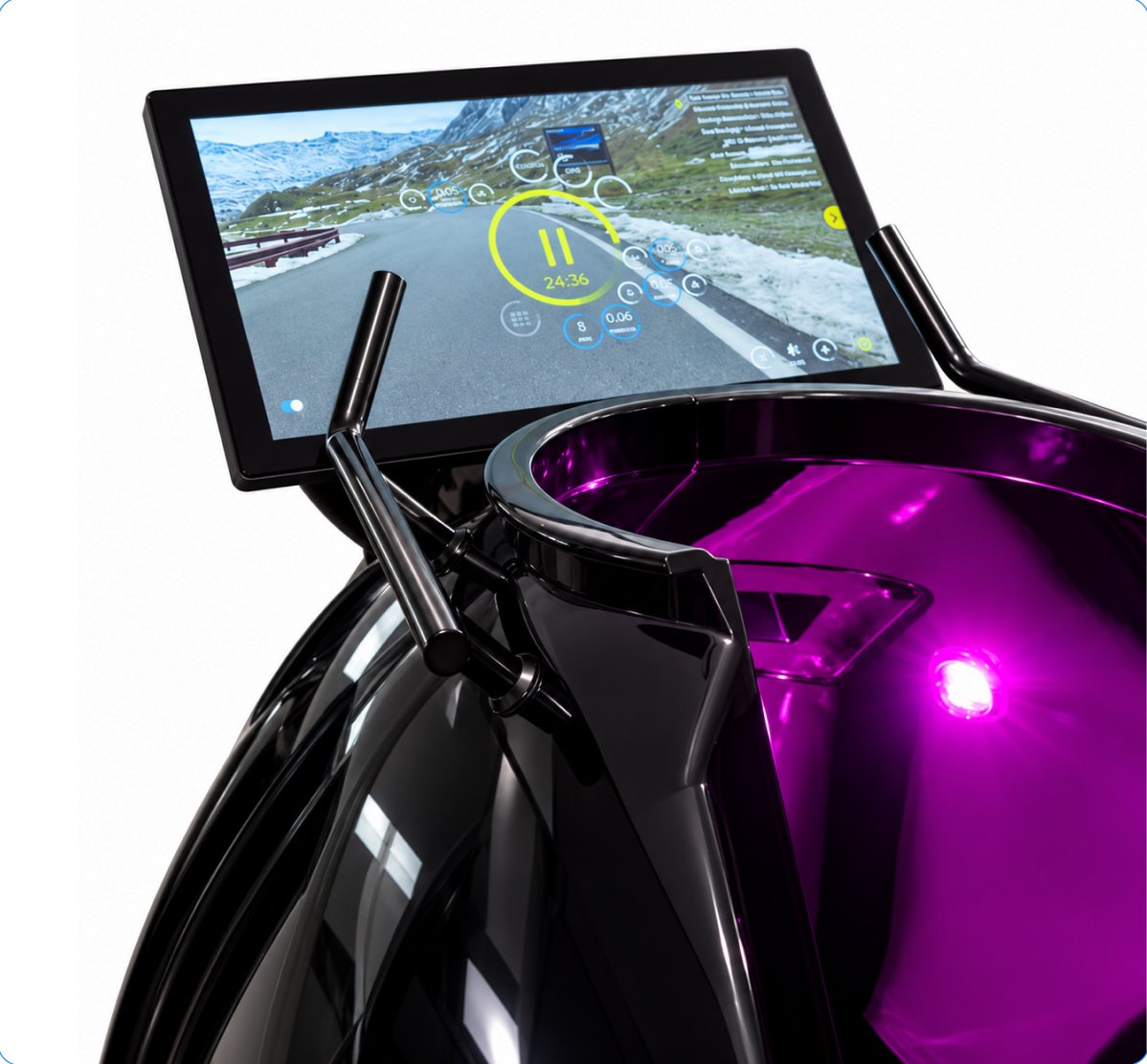 Motorcycle handlebars with a mounted tablet-style dashboard displaying navigation and metrics on a scenic road backdrop.